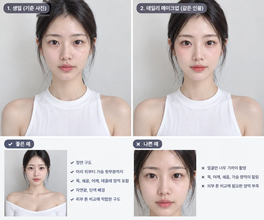 퍼스널컬러 사진 촬영 예시: 생얼과 메이크업 비교, 어깨선 아래까지 나오는 좋은 구도와 얼굴만 확대한 나쁜 구도